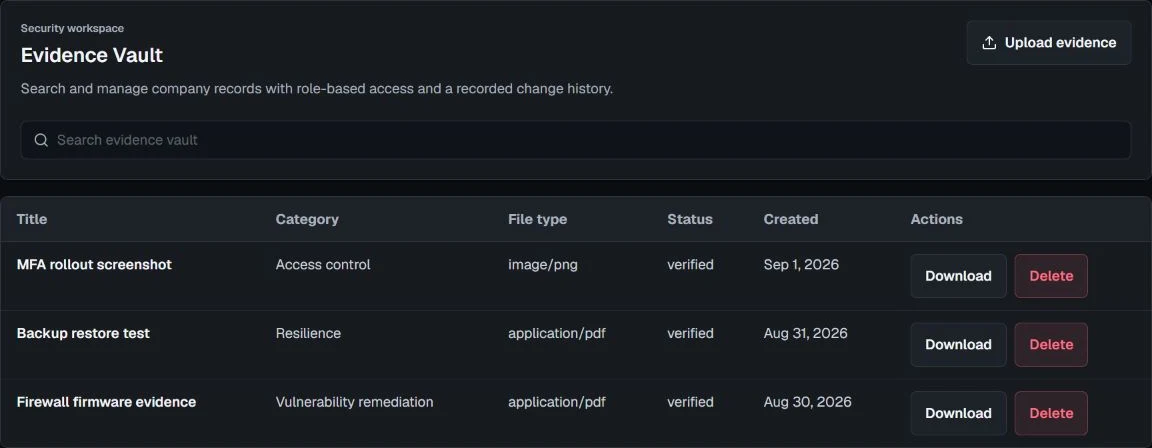 Evidence Vault with three synthetic evidence records, their categories, review statuses, and creation dates